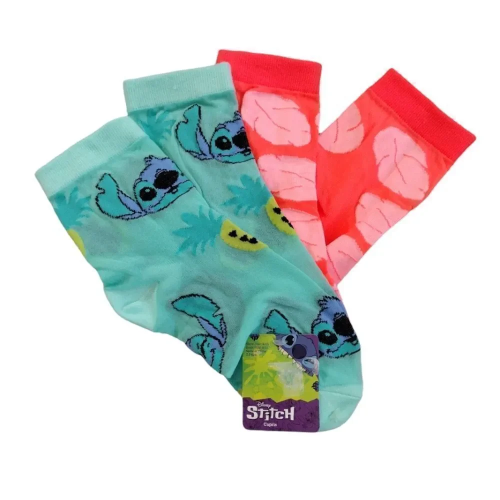 Disney Neon Stitch Prints 2 Pairs Nylon Mid Crew Capri Socks‎ NWT